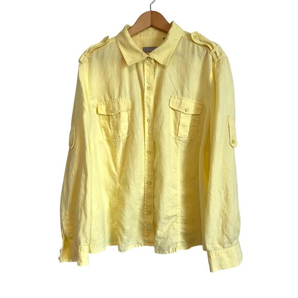 Liz Claiborne yellow linen button up shirt pockets long roll tab sleeves 3X - Picture 1 of 7